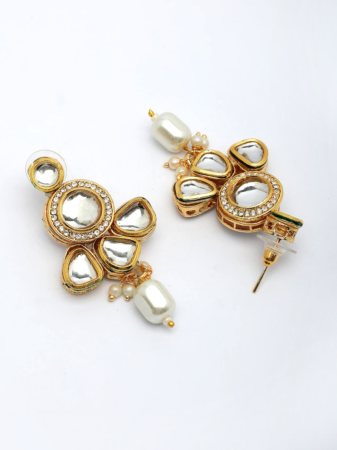 NVR Women Gold-Polished Kundan Studded & Pearls Long Jewellery Set - Swadesiicart