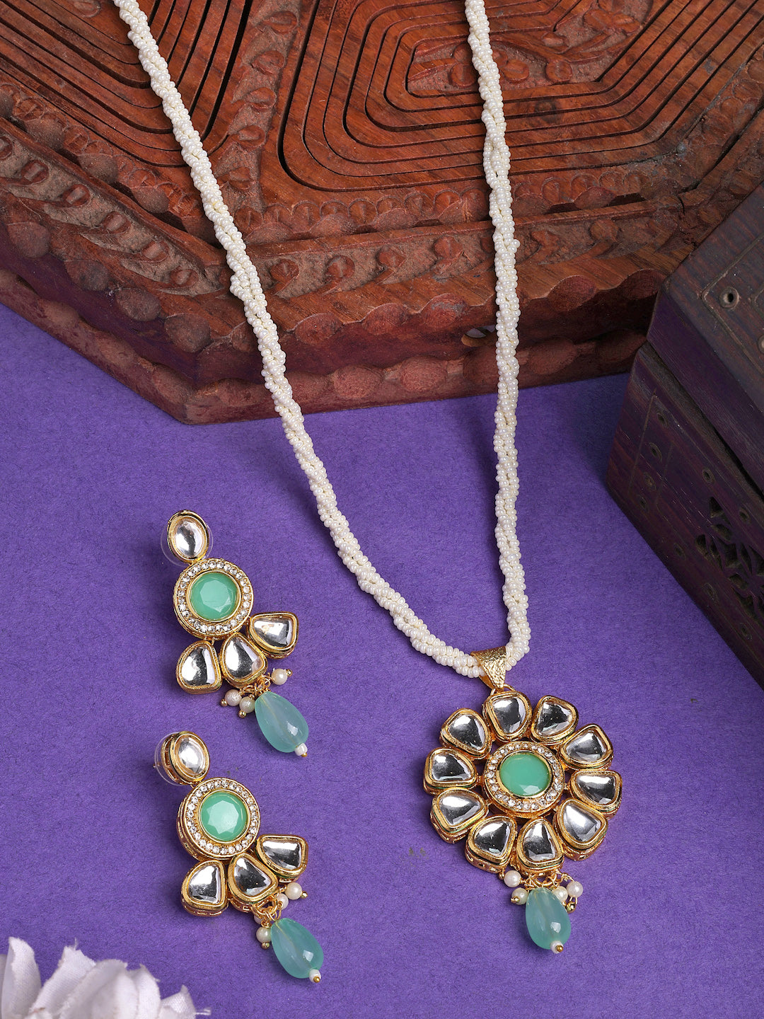 NVR Women Green Stones with Kundan Studded Long Jewellery Set - Swadesiicart