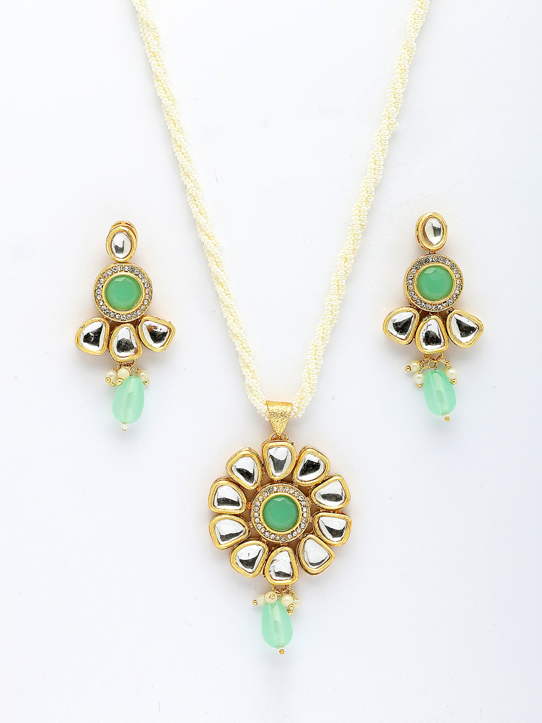 NVR Women Green Stones with Kundan Studded Long Jewellery Set - Swadesiicart