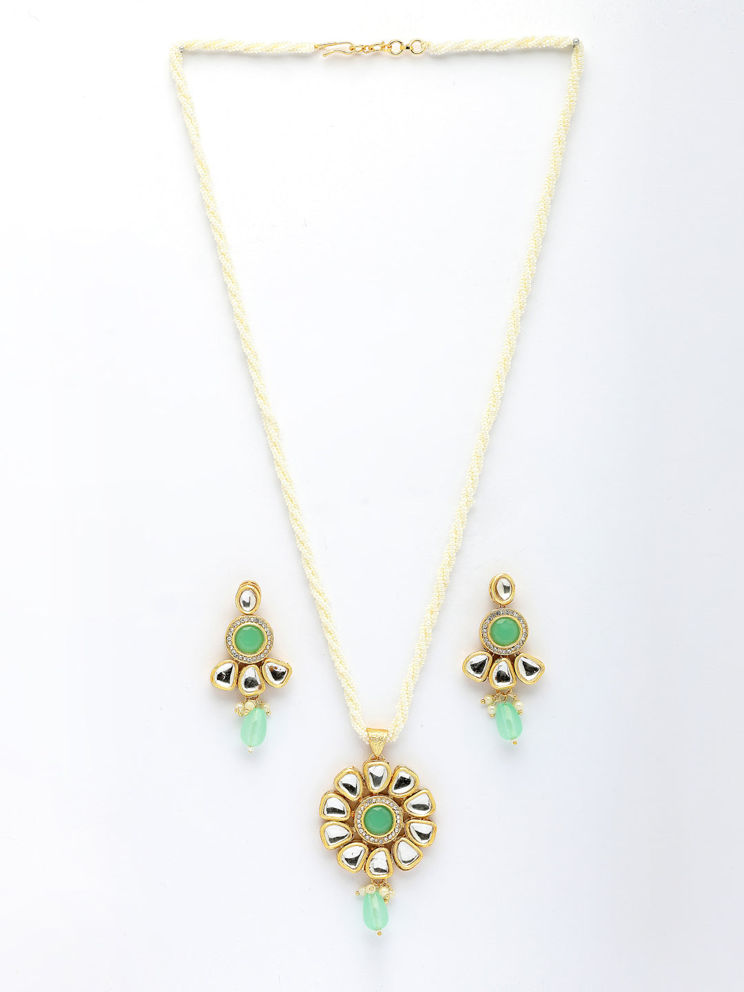 NVR Women Green Stones with Kundan Studded Long Jewellery Set - Swadesiicart