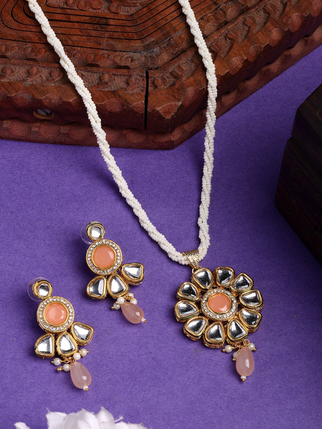 NVR Women Peach Stones with Kundan Studded Long Jewellery Set - Swadesiicart