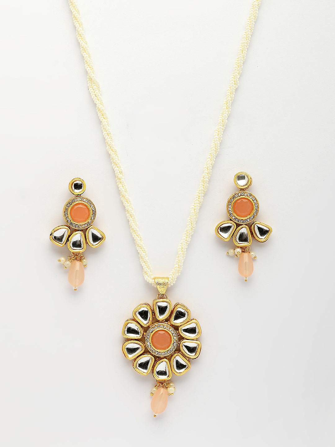 NVR Women Peach Stones with Kundan Studded Long Jewellery Set - Swadesiicart