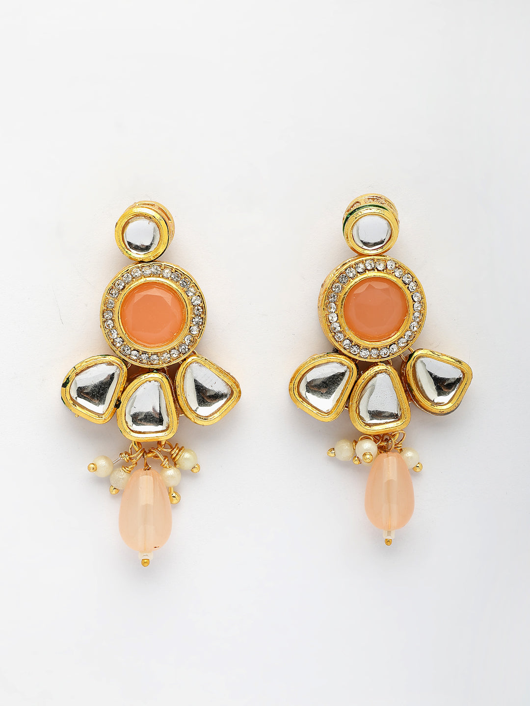 NVR Women Peach Stones with Kundan Studded Long Jewellery Set - Swadesiicart