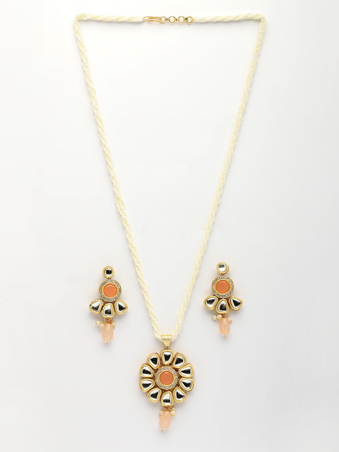 NVR Women Peach Stones with Kundan Studded Long Jewellery Set - Swadesiicart