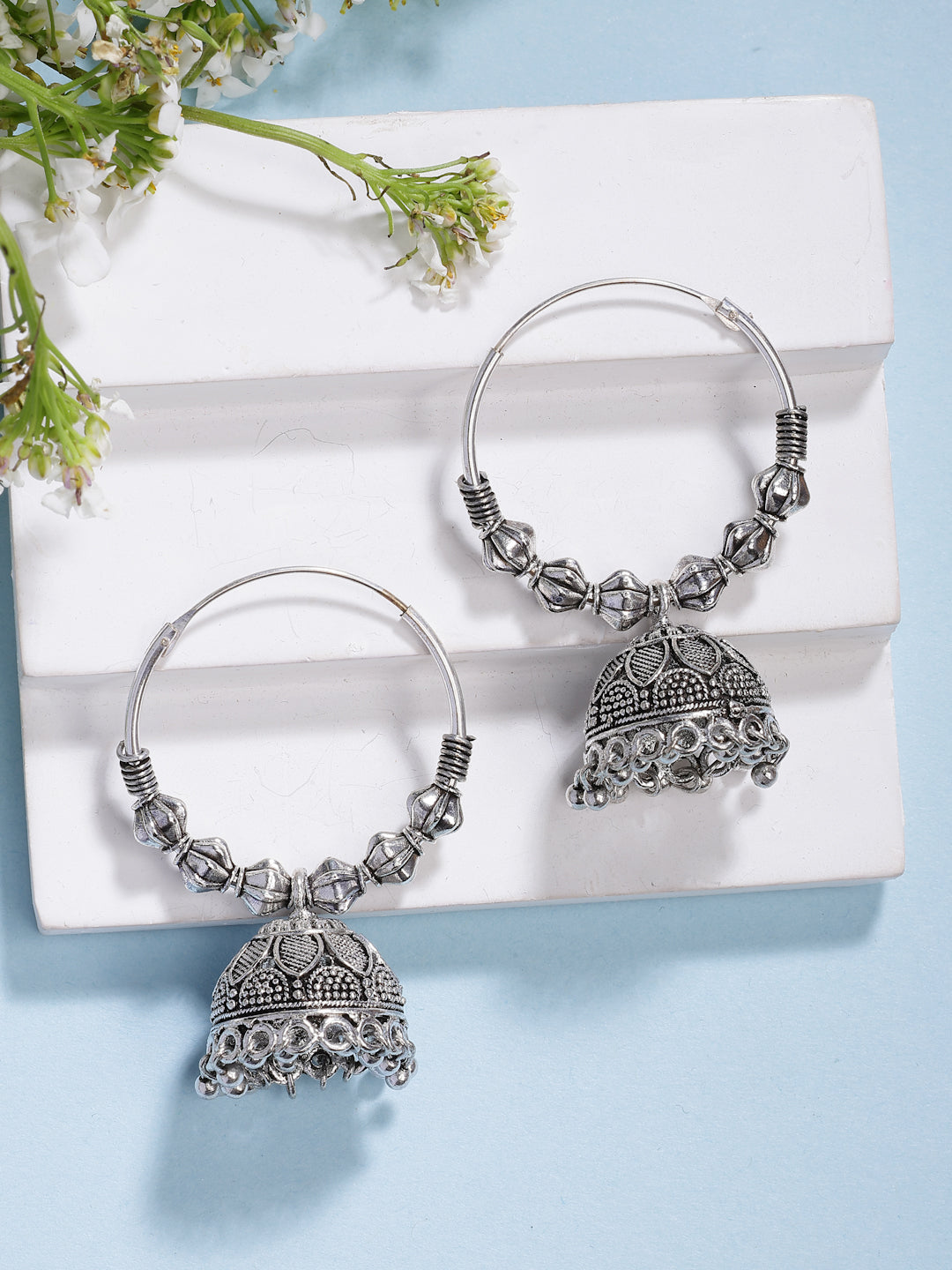 NVR Women's Handmade Silver Plated Oxidized Traditional Jhumka Earrings - Swadesiicart