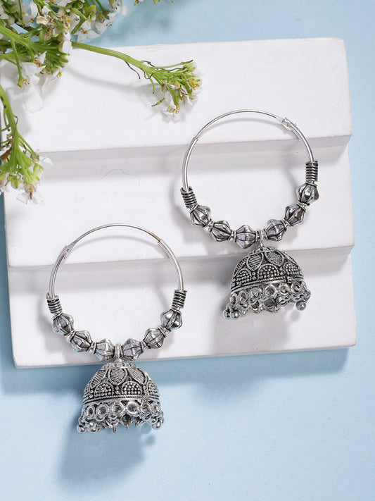 NVR Women's Handmade Silver Plated Oxidized Traditional Jhumka Earrings - Swadesiicart