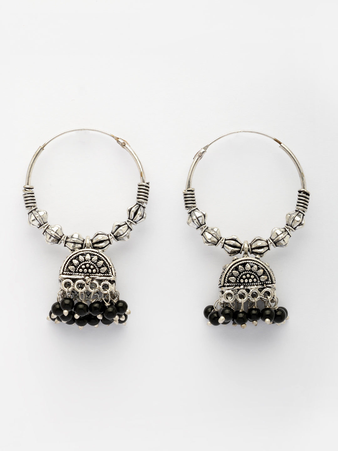 NVR Women Oxidized Silver Plated Black Artificial Beads Jhumka Earrings - Swadesiicart