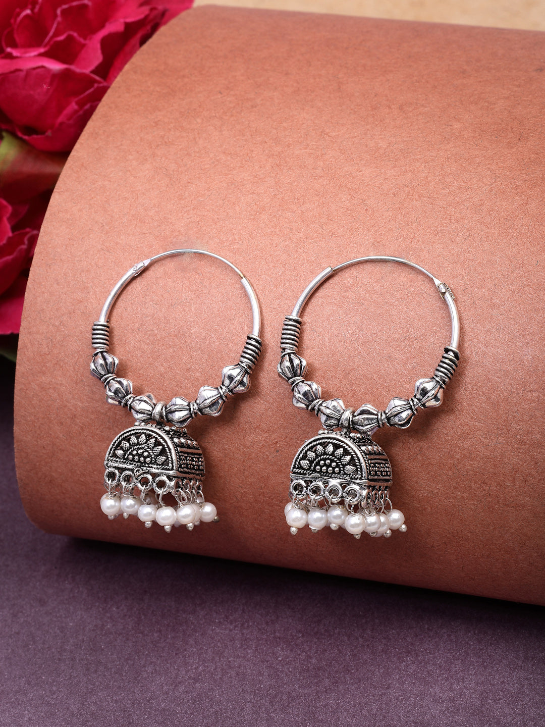 NVR Women Oxidized Silver Plated White Artificial Beads Jhumka Earrings | Swadesiicart