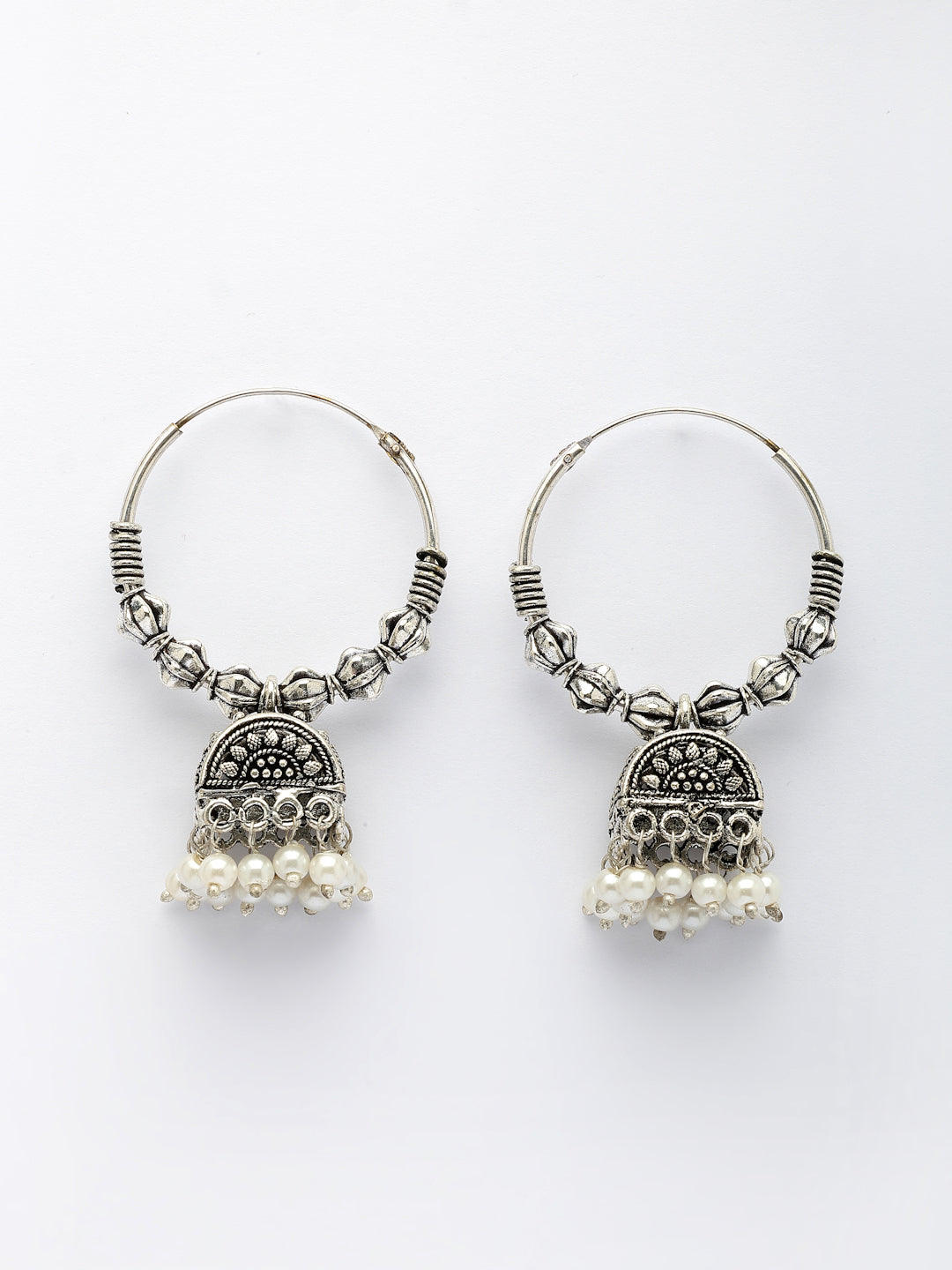NVR Women Oxidized Silver Plated White Artificial Beads Jhumka Earrings | Swadesiicart