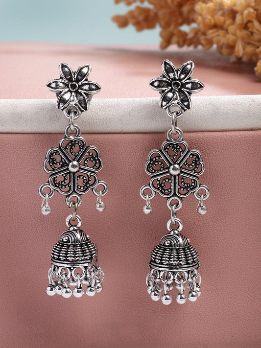 NVR Women Silver Toned Oxidized Floral Design Jhumka Earrings - Swadesiicart