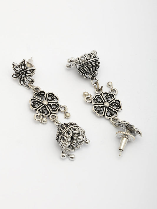 NVR Women Silver Toned Oxidized Floral Design Jhumka Earrings - Swadesiicart
