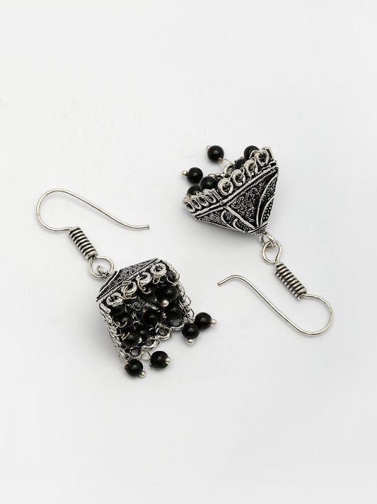 NVR Women's Oxidized Silver Plated Black Artificial Beads Jhumka Earrings | Swadesiicart