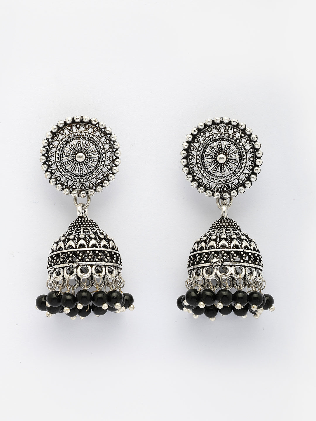 NVR Women's Oxidized Silver Plated Black Artificial Beads Jhumka Earrings | Swadesiicart