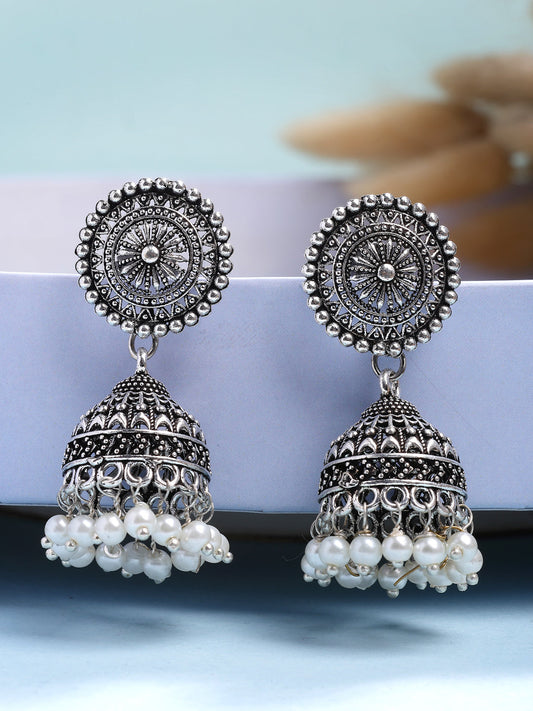 NVR Women's Oxidized Silver Plated White Artificial Beads Jhumka Earrings - Swadesiicart