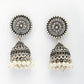 NVR Women's Oxidized Silver Plated White Artificial Beads Jhumka Earrings - Swadesiicart