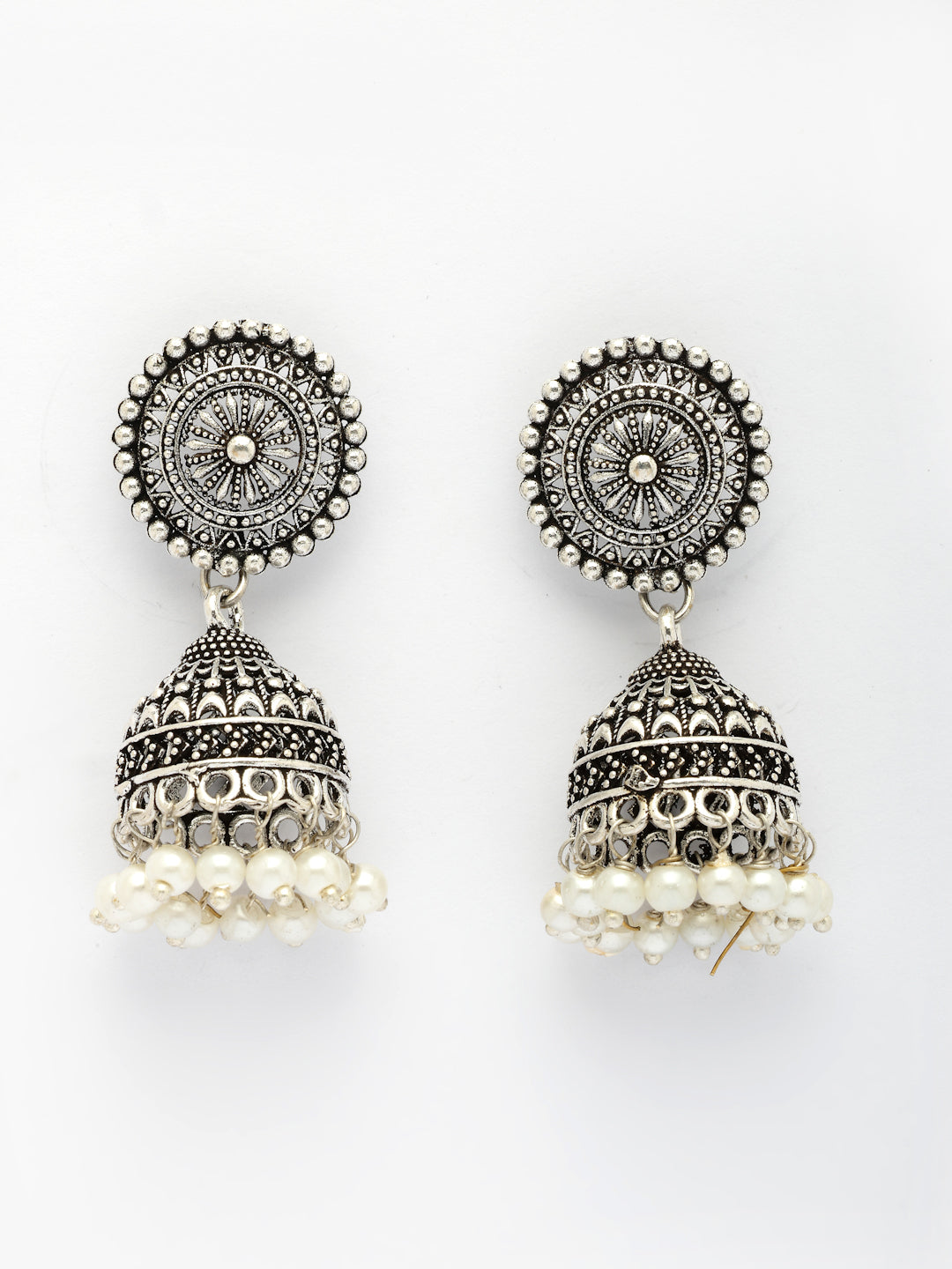 NVR Women's Oxidized Silver Plated White Artificial Beads Jhumka Earrings - Swadesiicart