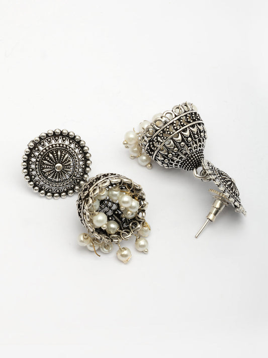 NVR Women's Oxidized Silver Plated White Artificial Beads Jhumka Earrings - Swadesiicart