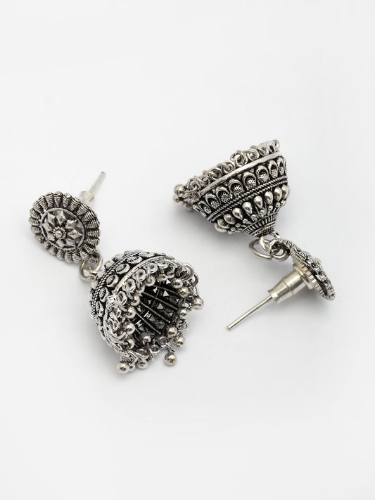 NVR Women Silver Plated Traditional Oxidized Jhumka Earrings - Swadesiicart