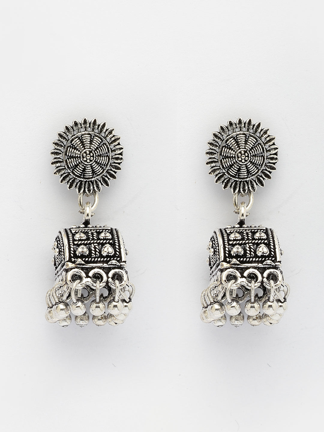 NVR Women Silver-Plated Oxidized Contemporary Jhumkas Earrings - Swadesiicart