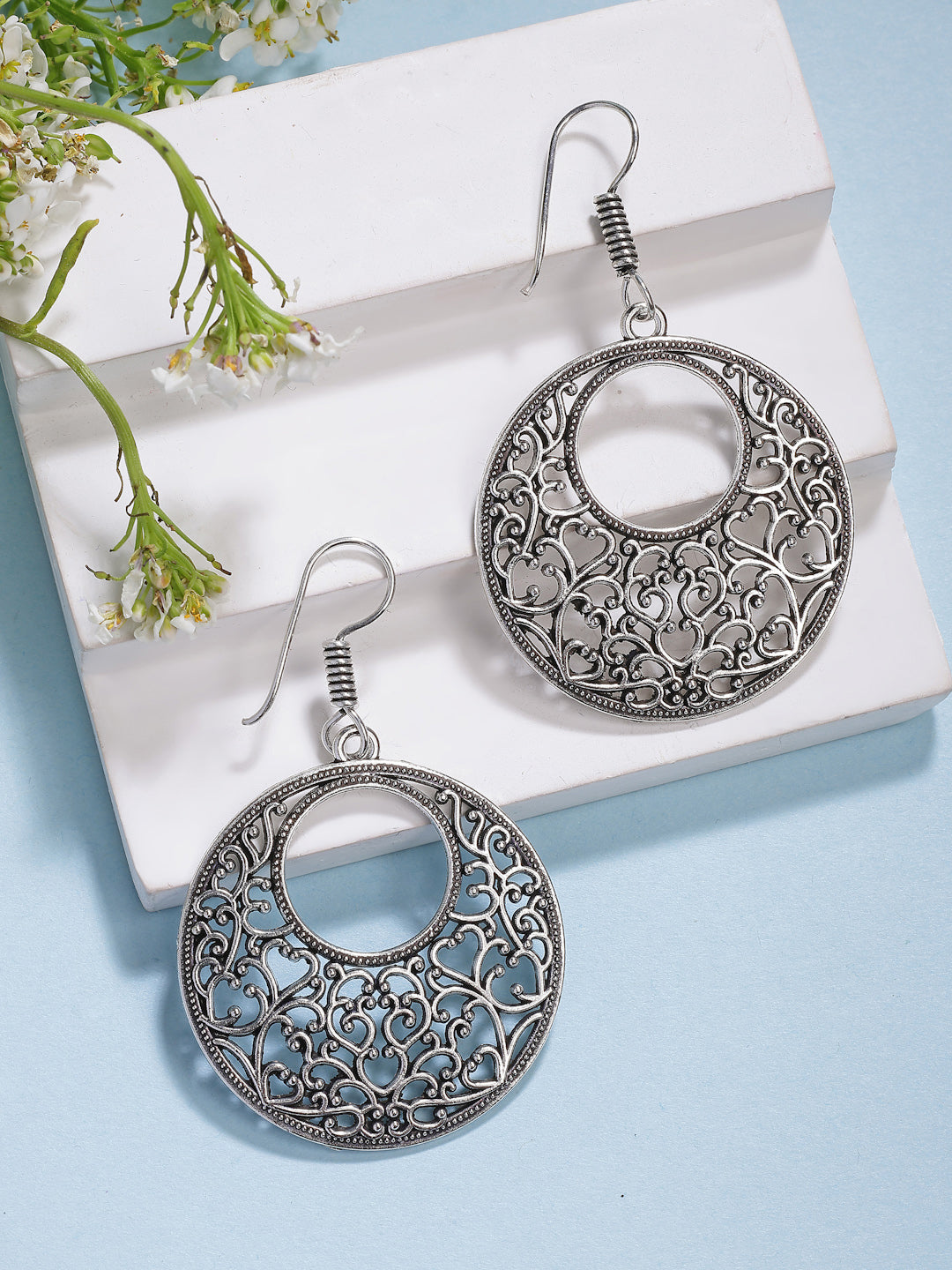 NVR Women Ethnic Silver-Plated Oxidized Chandbali Earrings - Swadesiicart