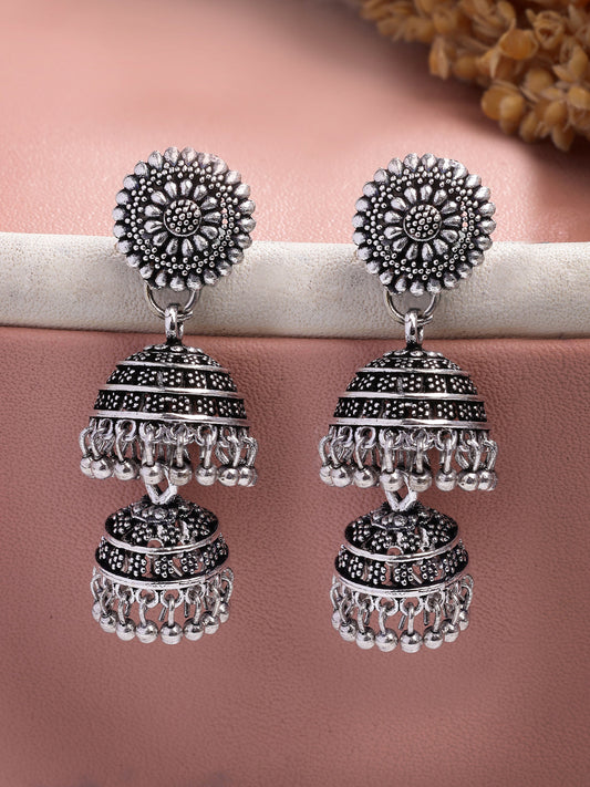 NVR Women Silver Plated Oxidized German Silver Jhumka Earrings - Swadesiicart