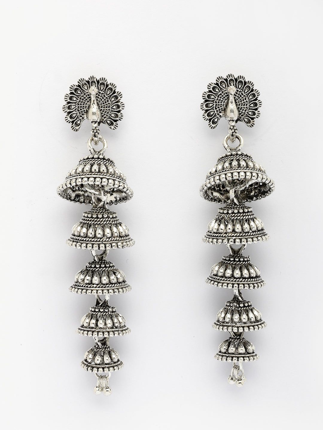 NVR Women Silver Plated Oxidized Peacock Design Layered Jhumka Earrings - Swadesiicart
