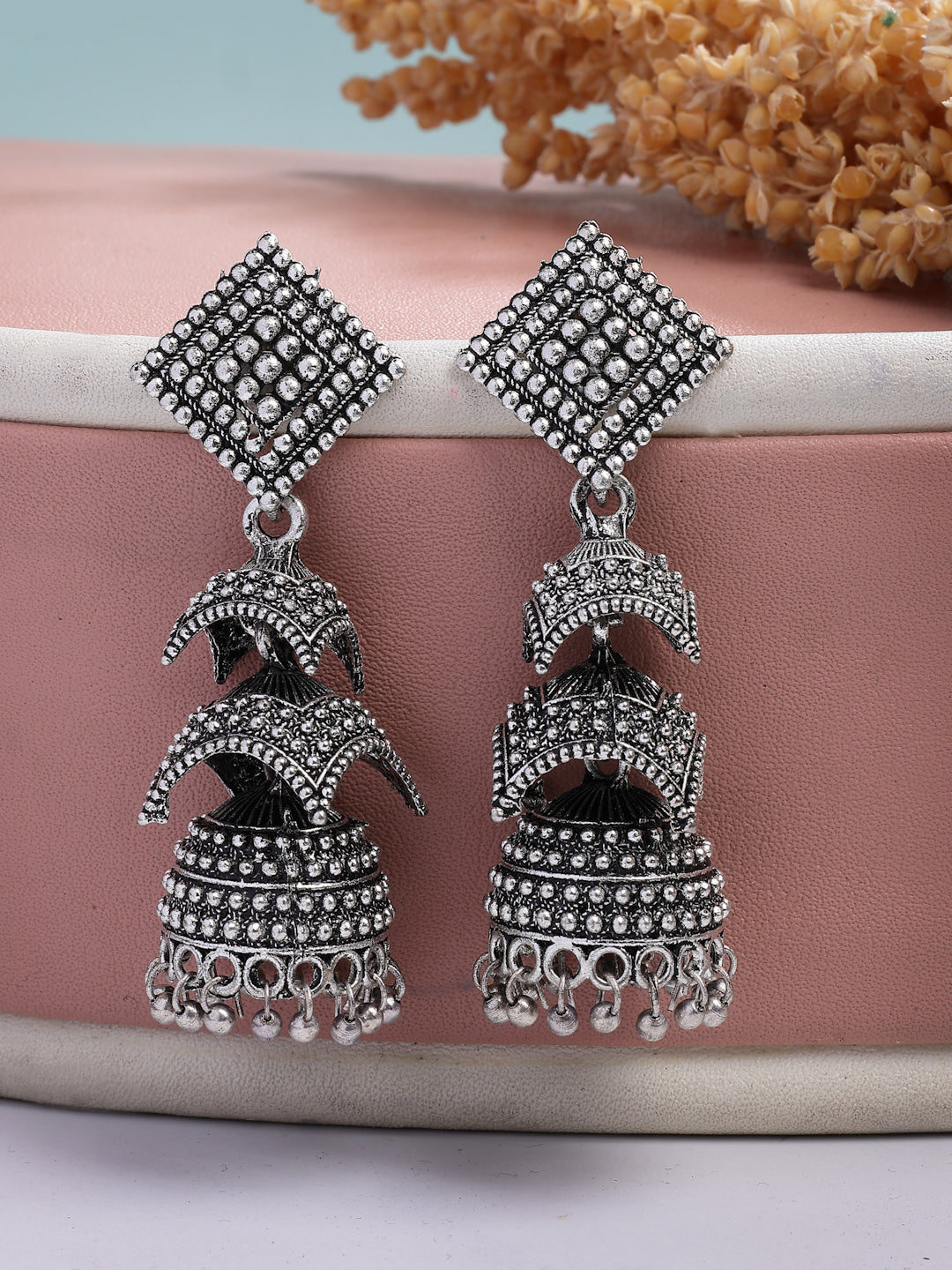 NVR Women's Traditional Oxidized Silver Plated Jhumka Earrings - Swadesiicart