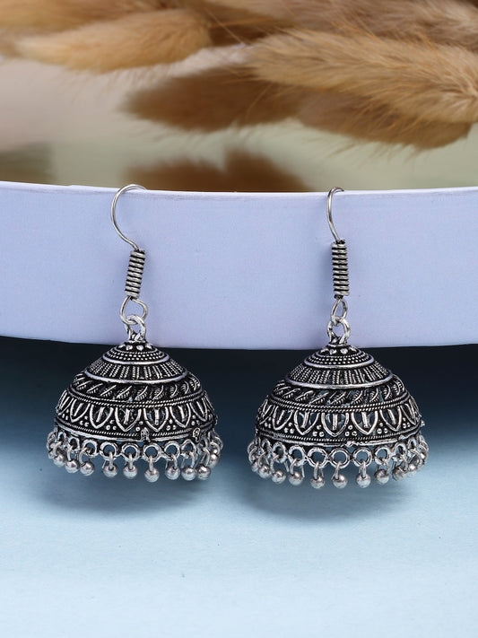 NVR Women's Silver Plated Oxidized German Silver Jhumka Earrings | Swadesiicart