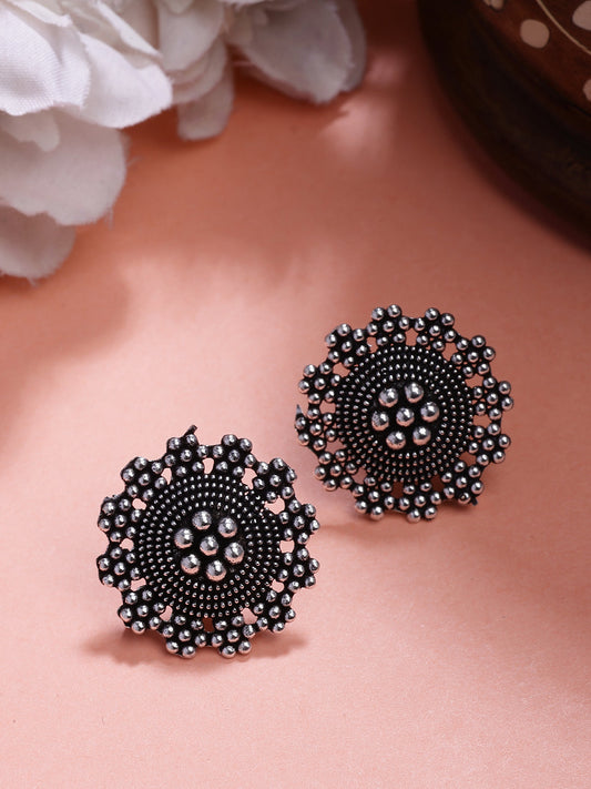 NVR Women's Silver Plated Oxidized Round Shape Traditional Stud Earrings - Swadesiicart