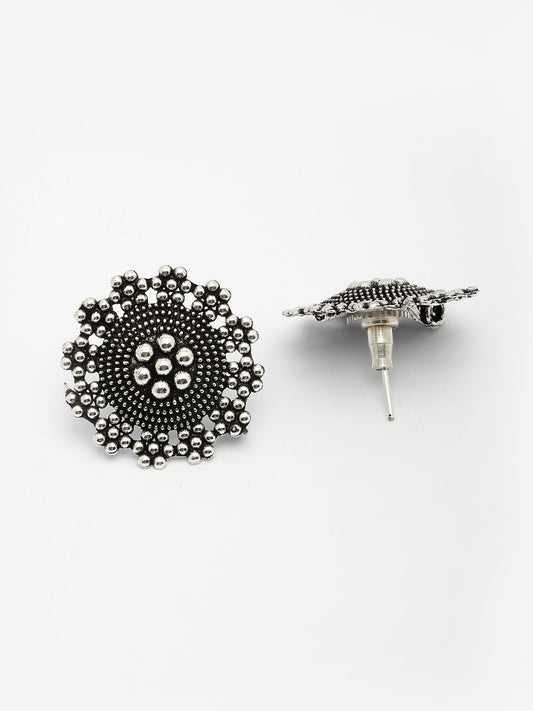 NVR Women's Silver Plated Oxidized Round Shape Traditional Stud Earrings - Swadesiicart