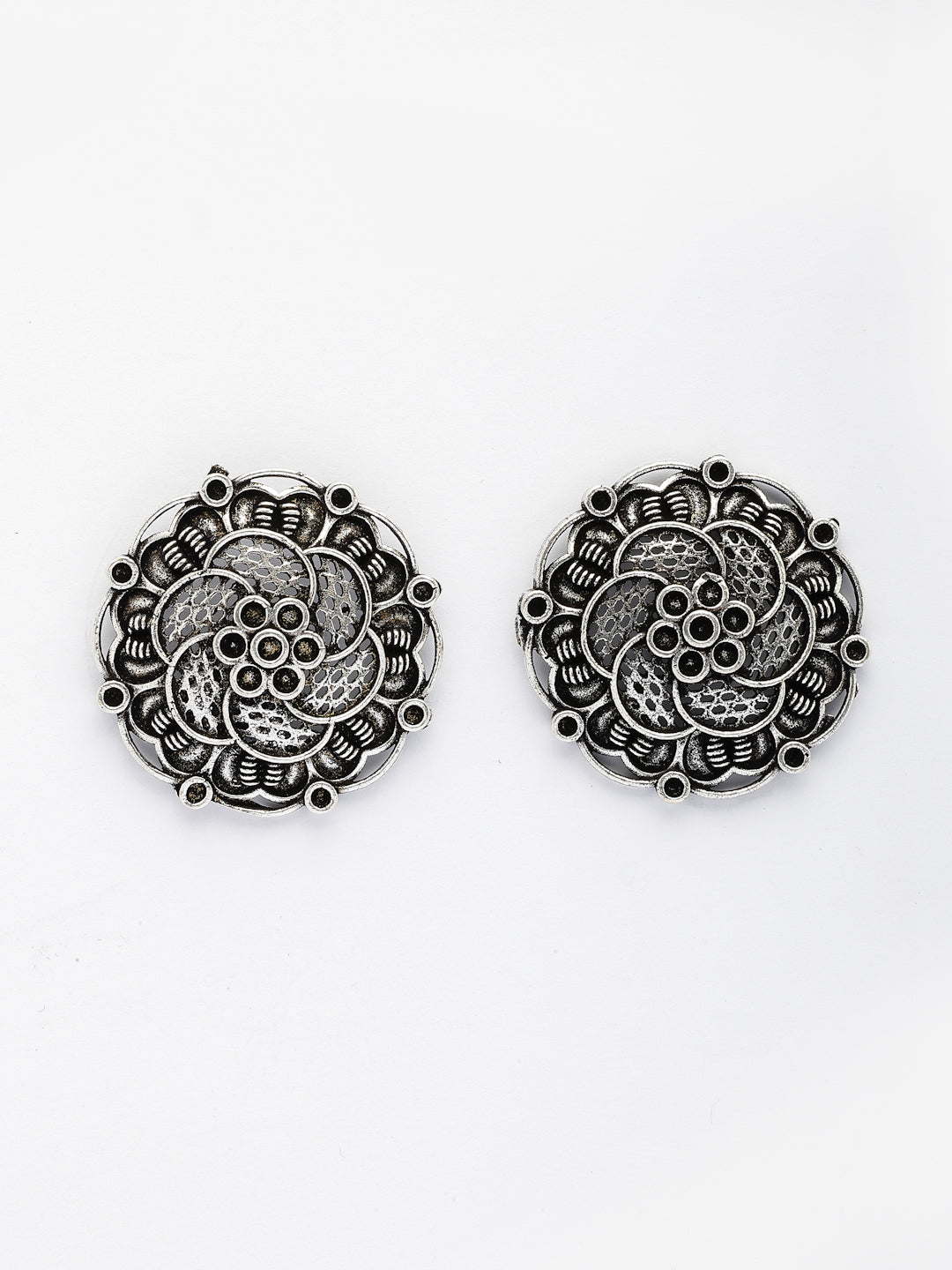 NVR Women's Silver Plated Oxidized Floral Design Stud Earrings - Swadesiicart