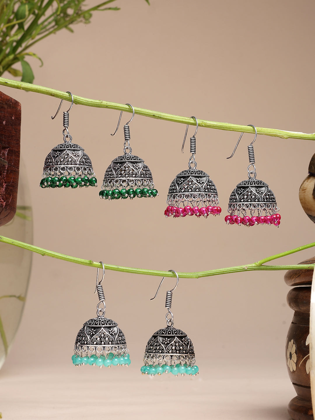 NVR Women Pair of 3 Oxidized Silver Plated Multicolor Artificial Beads Jhumka Earrings - Swadesiicart