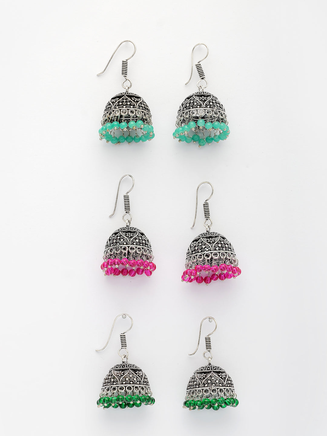 NVR Women Pair of 3 Oxidized Silver Plated Multicolor Artificial Beads Jhumka Earrings - Swadesiicart