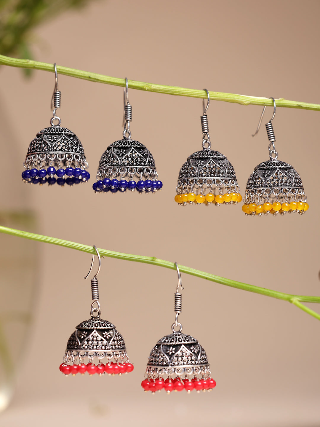 NVR Women's Pair of 3 Oxidized Silver Plated Multicolor Artificial Beads Jhumka Earrings - Swadesiicart