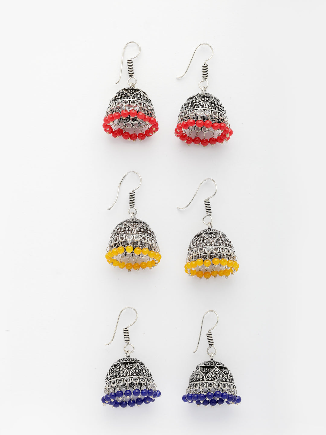 NVR Women's Pair of 3 Oxidized Silver Plated Multicolor Artificial Beads Jhumka Earrings - Swadesiicart