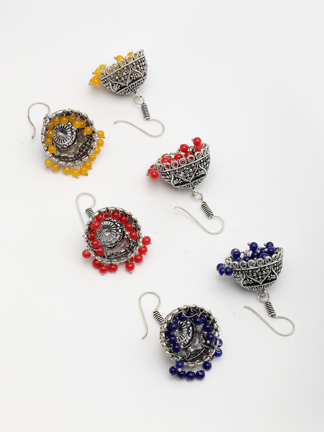 NVR Women's Pair of 3 Oxidized Silver Plated Multicolor Artificial Beads Jhumka Earrings - Swadesiicart