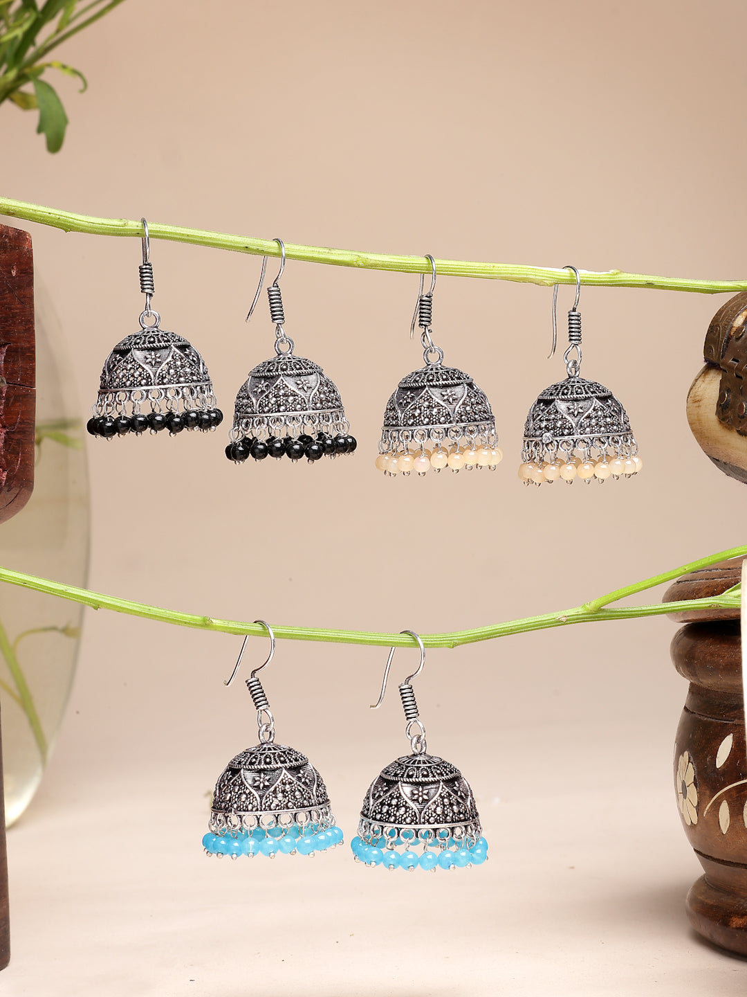 NVR Women Pair of 3 Multicolor Artificial Beads Oxidized Silver Plated Jhumka Earrings - Swadesiicart