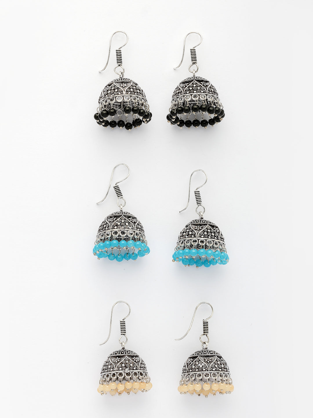 NVR Women Pair of 3 Multicolor Artificial Beads Oxidized Silver Plated Jhumka Earrings - Swadesiicart