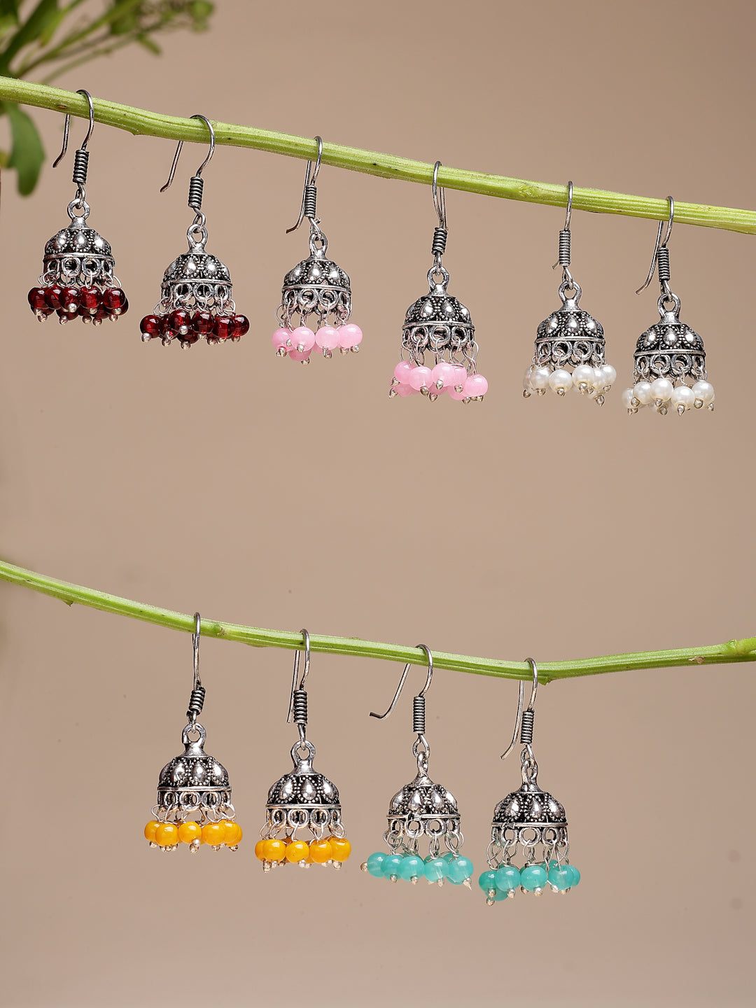 NVR Women's Pair of 5 Oxidized Silver Plated Multicolor Artificial Beads Jhumka Earrings - Swadesiicart