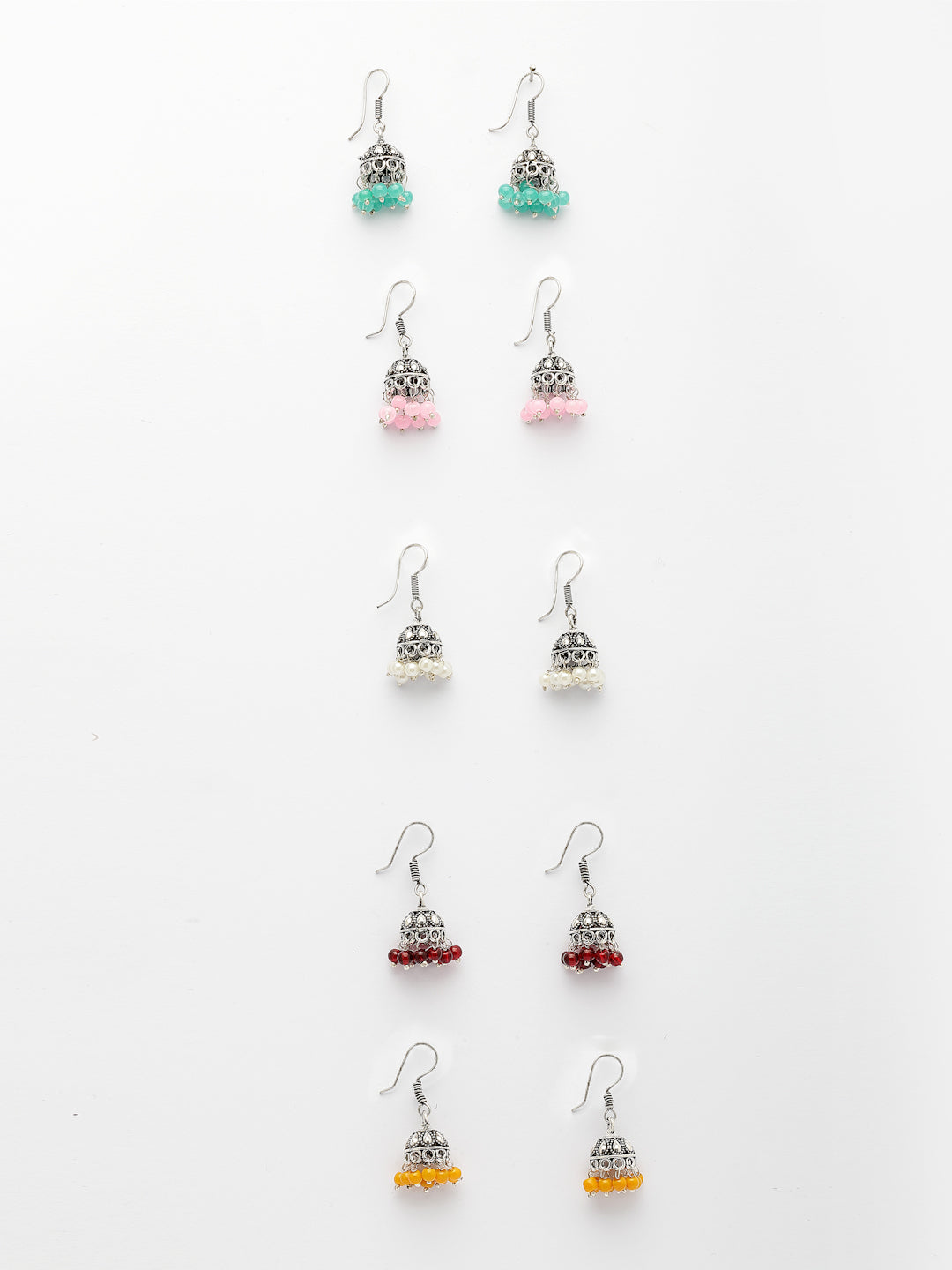 NVR Women's Pair of 5 Oxidized Silver Plated Multicolor Artificial Beads Jhumka Earrings - Swadesiicart