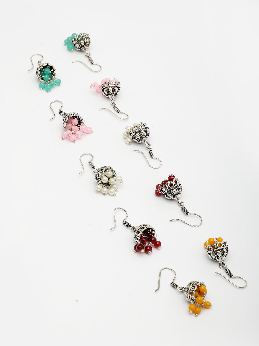 NVR Women's Pair of 5 Oxidized Silver Plated Multicolor Artificial Beads Jhumka Earrings - Swadesiicart