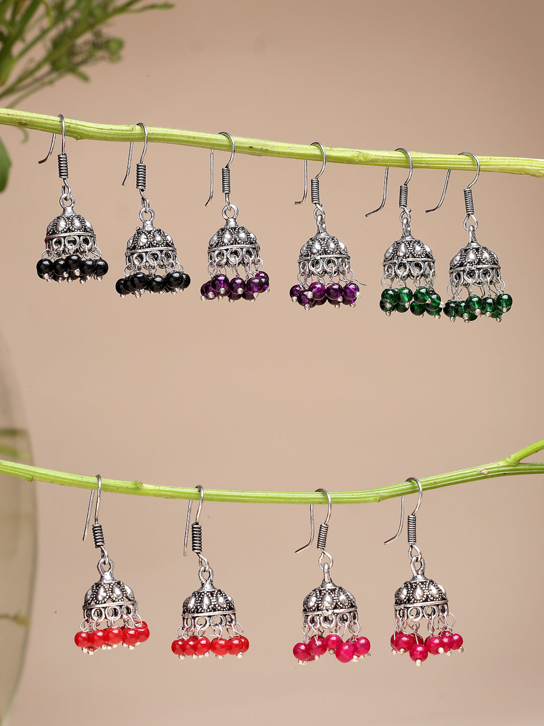 NVR Women Pair of 5 Oxidized Silver Plated Multicolor Artificial Beads Jhumka Earrings - Swadesiicart