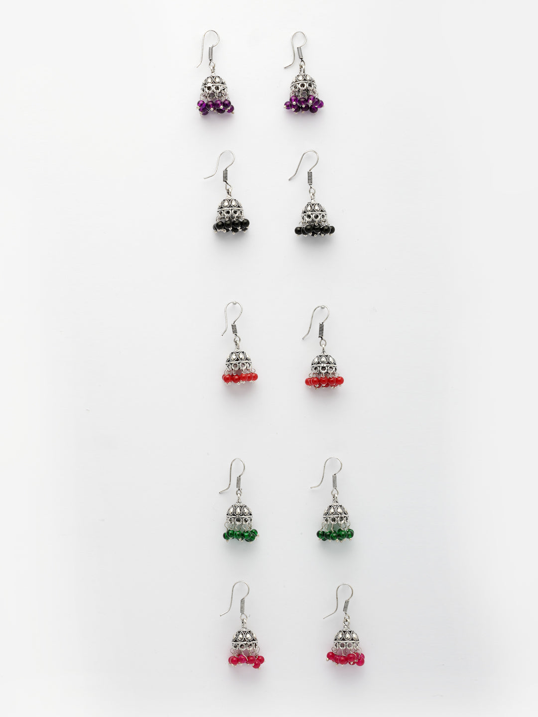 NVR Women Pair of 5 Oxidized Silver Plated Multicolor Artificial Beads Jhumka Earrings - Swadesiicart