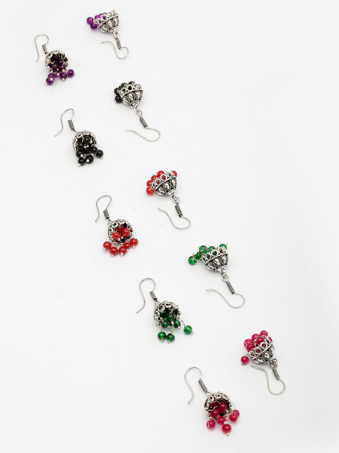 NVR Women Pair of 5 Oxidized Silver Plated Multicolor Artificial Beads Jhumka Earrings - Swadesiicart
