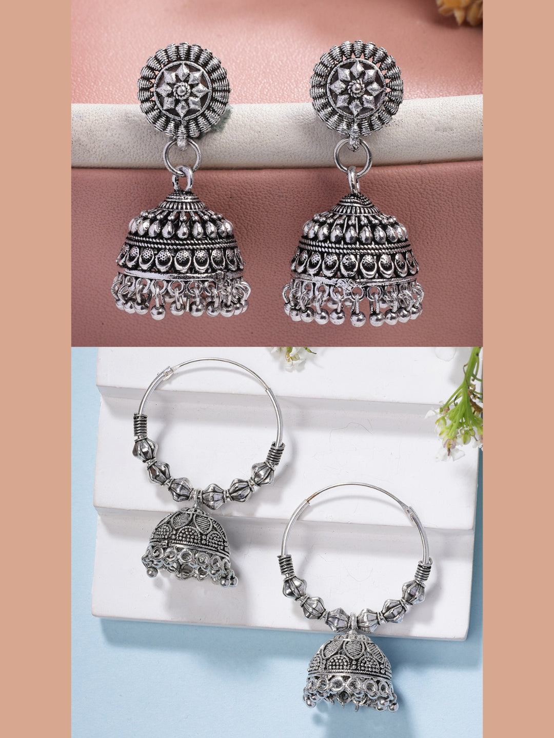 NVR Women Set of 2 Silver Plated Traditional Oxidized Jhumka Earrings - Swadesiicart