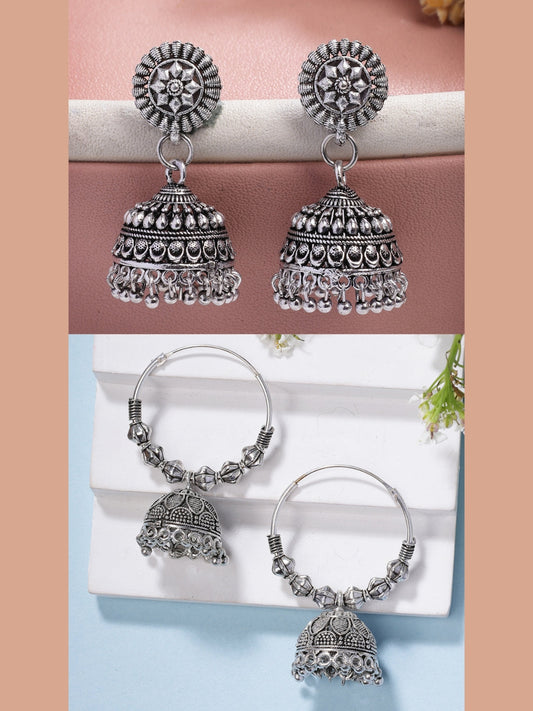 NVR Women Set of 2 Silver Plated Traditional Oxidized Jhumka Earrings - Swadesiicart