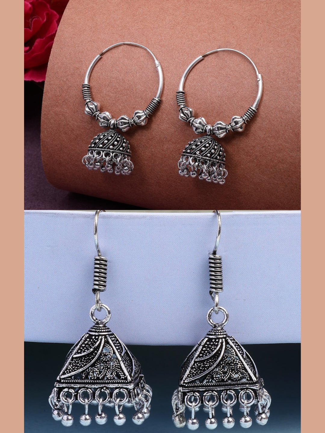NVR Women's Set of 2 Ethnic Silver Plated Oxidized Circle Jhumka Earrings | Swadesiicart