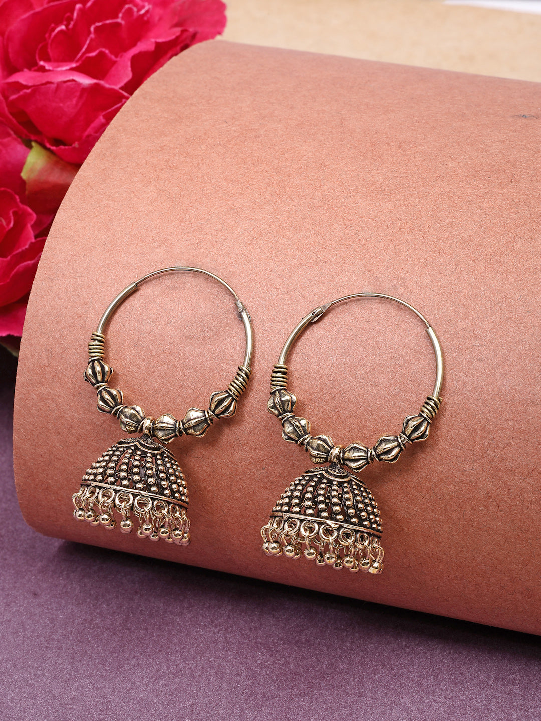 NVR Women Set of 2 Gold-Polished Oxidized Contemporary Jhumka Earrings - Swadesiicart