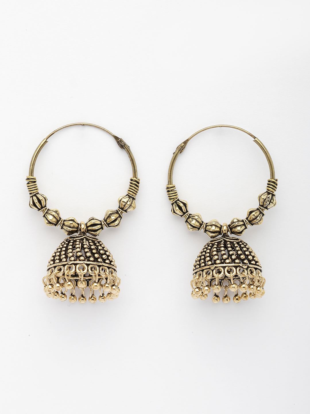 NVR Women Set of 2 Gold-Polished Oxidized Contemporary Jhumka Earrings - Swadesiicart