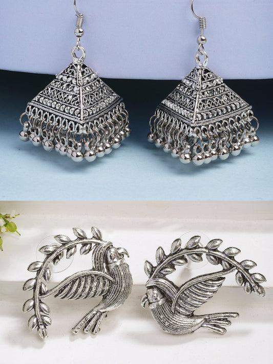 NVR Women Silver Toned Oxidized Set of 2 Jhumka & Drop Earrings | Swadesiicart